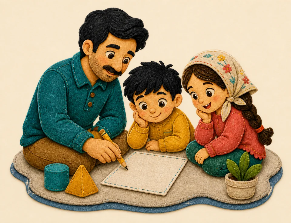 پدر و دو کودک در حال انجام فعالیت آموزشی در خانه